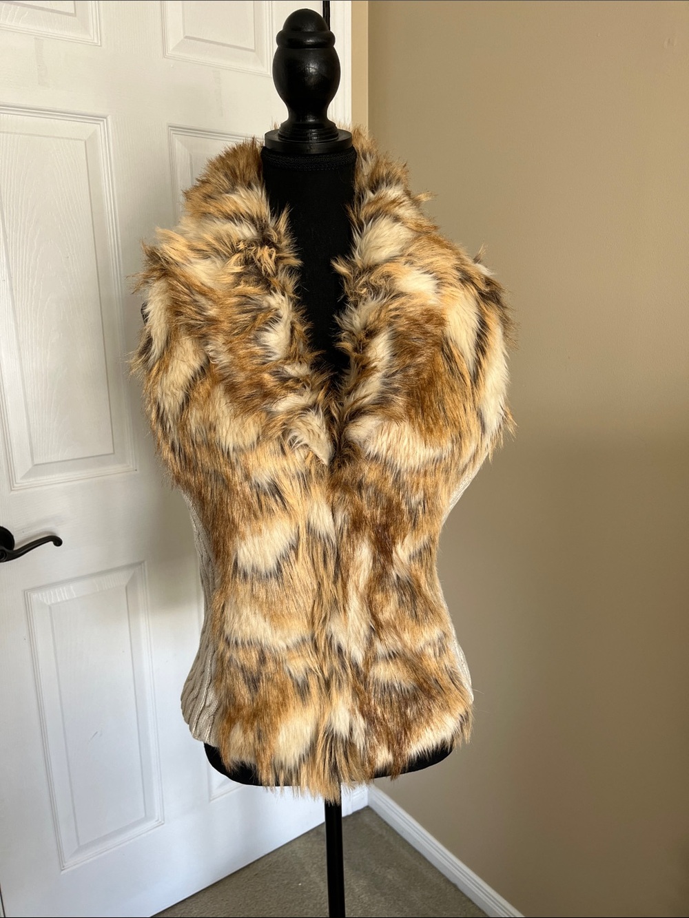 Animal print faux fur with beige cable knit panels